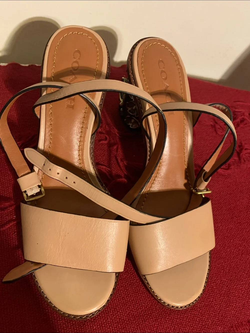 Coach Beige Leather Block Heel Sandals